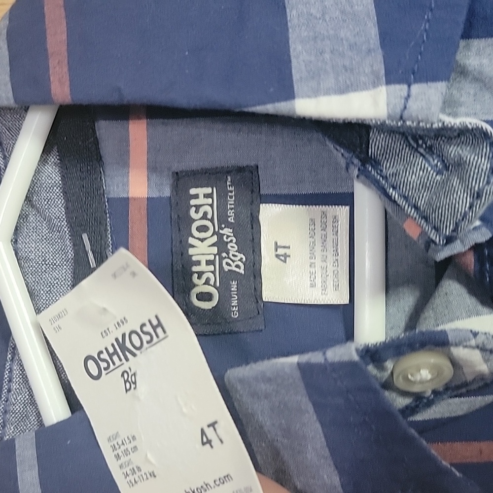 Boys 4T Button Up Plaid Collared Shirt in blue with white and orange stripes - Picture 3 of 7